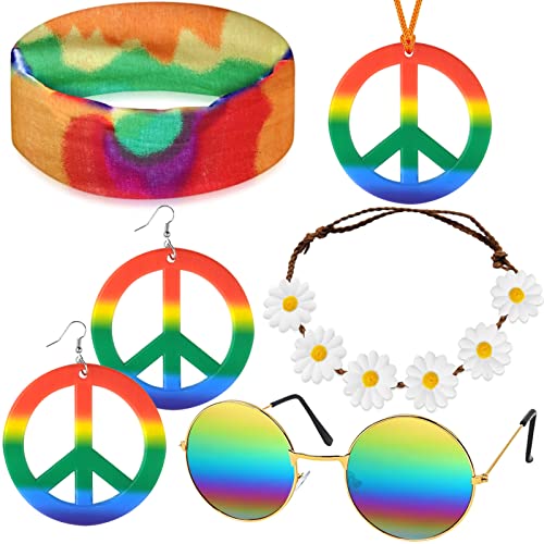 Shinybox Hippie Kostüm Set, 6 Stück Hippie Kostüm Accessoires Vintage, Ankleidezubehör Hippie Partyzubehör, Hippie Kleidung Damen Herren Accessoires, 60 70er Jahre Bekleidung, Hippie Party Zubehör(B) von Shinybox