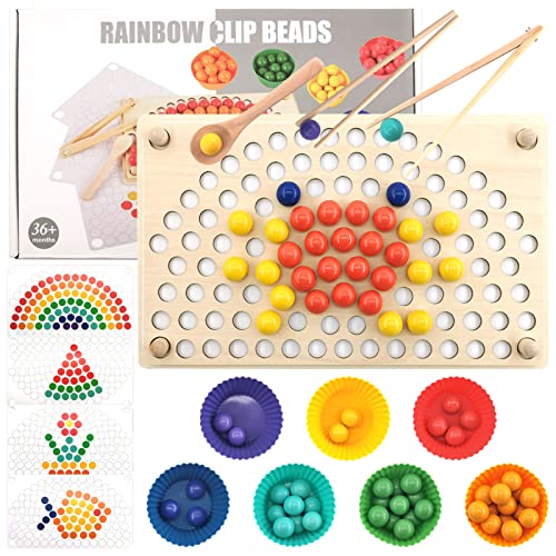 Shinybox Holz Clip Beads Brettspiel, Montessori Spielzeug, Holzspielzeug Regenbogenspielzeug, Puzzle Brettspiel, Montessori Brettspiel Lernspielzeug Geschenk für Kinder Mädchen Jungs von Shinybox