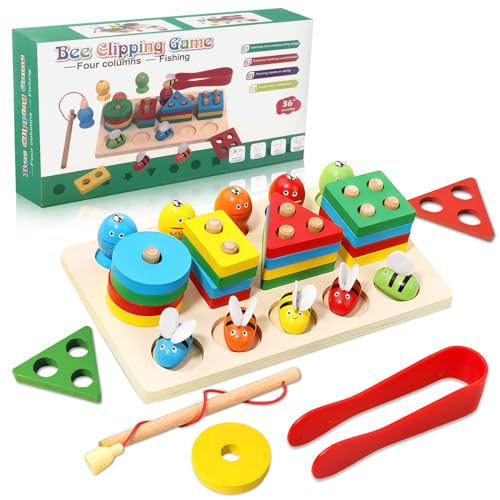 Shinybox Holz Sortier & Stapelspielzeug Steckpuzzle, 3 in 1 Montessori Spielzeug, Stapelspielzeug, Fischereispielzeug Geometrische Baukasten Shape Sorter Puzzles für Jungen und Mädchen von Shinybox