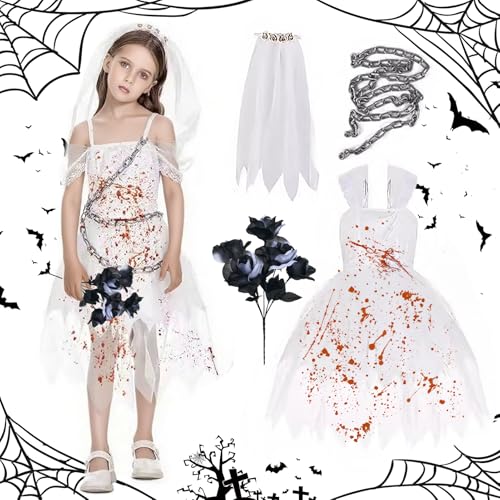 Shinybox Horror Braut Kostüm Kinder, Zombie Braut Kostüm Mädchen mit Schwarz-weiße Rose, Kopftuch, Kettenschloss, Geisterbraut Kinder für Karneval Cosplay(L) von Shinybox