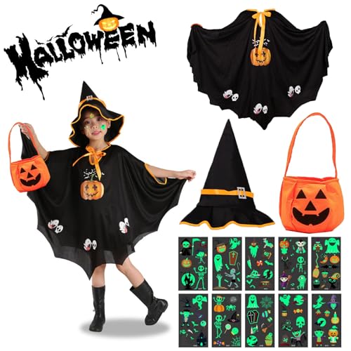 Shinybox Kinder Halloween Kostüm, Halloween Fledermaus Umhang mit Hut, Kürbis Tasche, Leuchtende Tattoo-Aufkleber, Fledermaus Umhang Kostüm für Jungen Mädchen Halloween Cosplay Party(Schwarz) von Shinybox