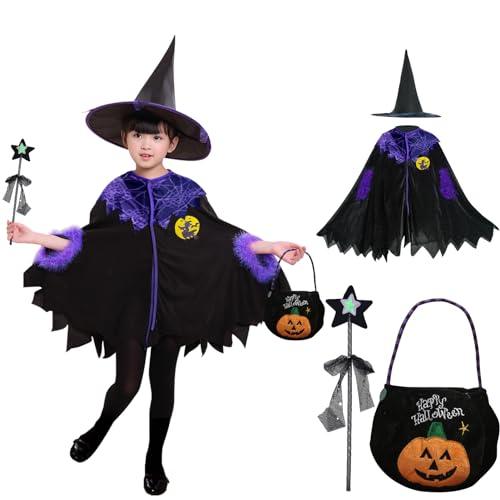 Shinybox Kinder Halloween Kostüm, Halloween Umhang Kinder mit Hut, Halloween Süßigkeiten Tüten, Leuchtende Tattoo-Aufkleber, Stern Feenstab, Zauberer Umhang für Kinder Halloween Cosplay Kostüme von Shinybox