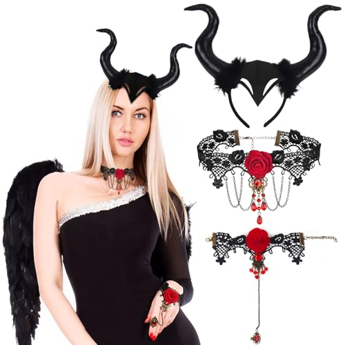 Shinybox Königin Hörner Kopfschmuck, 3 Pcs Horn Kopfbedeckung mit Spitze Halskette und Armbänder, Teufelhörner Haareifen Damen, Halloween Kopfschmuck für Halloween Karneval Fasching Maskerade(Rot) von Shinybox