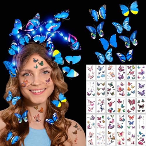 Shinybox Leuchtende Schmetterling Fascinator mit 8 Stücke Schmetterling Haarklammer und 30 Stücke Schmetterling Tattoo Aufkleber, Schmetterling Stirnband für Mädchen Party Karneval Cosplay(Blau) von Shinybox