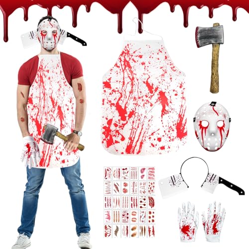 Shinybox Metzger Kostüm Halloween, 35 Stück Schlächter Kostüm mit Blutige Schürze, Messer im Kopf, Blutiges Axt aus Plastik, Blutige Maske und Halloween Narben Tattoos für Karneval Cosplay Dekoration Shinybox Metzger Kostüm Halloween, 35 Stück Schlächter Kostüm mit Blutige Schürze, Messer im Kopf, Blutiges Axt aus Plastik, Blutige Maske und Halloween Narben Tattoos für Karneval Cosplay Dekoration von Shinybox