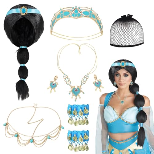 Shinybox Prinzessin Kostüm Damen Mädchen, 7 Stück Prinzessin Jasmin Perücken mit Halskette Krone Ohrringe Armband Goldene Kopfketten Haarnetze, Mädchen Prinzessin Jasmin für Cosplay Karneval Halloween Shinybox Prinzessin Kostüm Damen Mädchen, 7 Stück Prinzessin Jasmin Perücken mit Halskette Krone Ohrringe Armband Goldene Kopfketten Haarnetze, Mädchen Prinzessin Jasmin für Cosplay Karneval Halloween von Shinybox