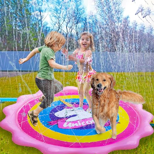 Shinybox Splash Pad mit Einhorn-Muster, 170cm Sprinkler Wasser Spielmatte für Kinder, Erwachsene, Haustiere – Inklusive 10 Reparatur-Patches, Sommer Garten Wasserspielzeug für Strand & Outdoor-Spaß(A) von Shinybox