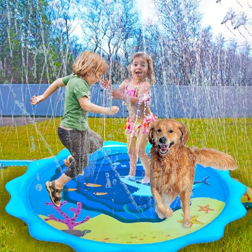 Shinybox Splash Pad mit Hai-Muster, 170cm Sprinkler Wasser Spielmatte für Kinder, Erwachsene, Haustiere – Inklusive 10 Reparatur-Patches, Sommer Garten Wasserspielzeug für Strand & Outdoor-Spaß(B) von Shinybox