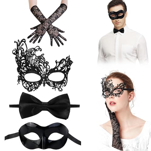Shinybox Venezianische Masken, 4 Stück Schwarz Maske, Spitze Maske, Schwarze Fliege und Spitzenhandschuhe, Karneval Karnevalmasquerade Mask für Männer und Damen für Maskenball Halloween Cosplay von Shinybox