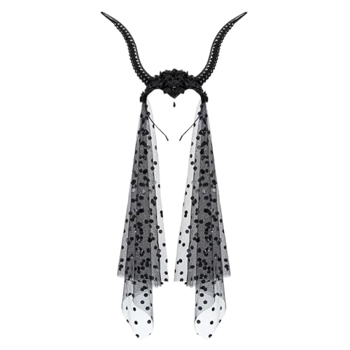 Shitafe Halloween Ziegenhörner Kopfband | Party Gothic Ziegenhörner mit Schleier Haarreif für Mädchen | Cosplay Kopfschmuck, Halloween Kostüm Zubehör für Themenpartys, Karnevals, Feiertagsaufführungen von Shitafe