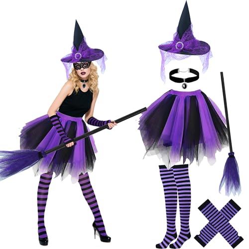 Halloween-Hexenkostüm für Damen, Erwachsene, Mädchen, Gothic-Cosplay-Outfit-Set mit Tutu-Hut, Besenstiel, gestreifte Socken, Handschuhe, Anhänger (Halloween, Lila) von Shitailu