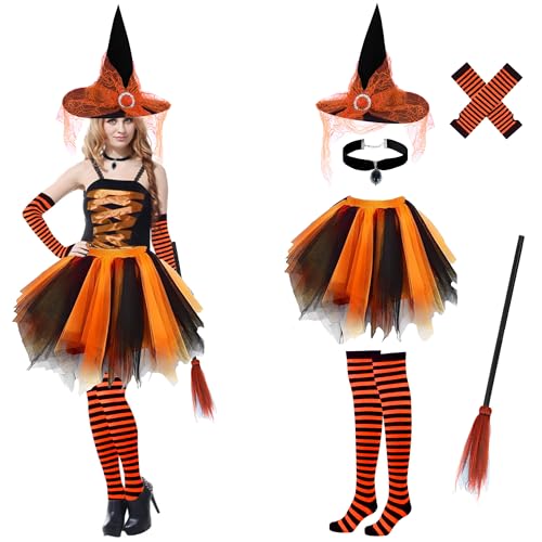 Halloween-Hexenkostüm für Damen, Erwachsene, Mädchen, Gothic-Cosplay-Outfit-Set mit Tutu-Hut, Besenstiel, gestreifte Socken, Handschuhe, Anhänger (Halloween, Orange) von Shitailu