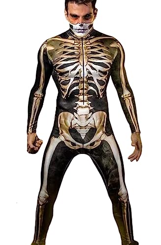 Shmily Girl Skeleton Costume Women Men Halloween Costumes Cosplay Jumpsuit Bodysuit（Schwarz Gold，XXL von Shmily Girl