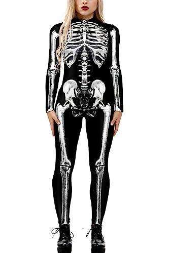 Shmily Girl Skeleton Costume Women Men Halloween Costumes Cosplay Jumpsuit Bodysuit（Schwarz Weiß，L von Shmily Girl