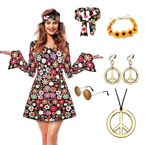 Shnmin 6 Stück Hippie Kostüm Damen Set, Hippie Kostüm Damen Accessoires, Damen Disco Outfit, 70er Jahre Bekleidung Damen, 60er 70er Kleid Hippie Kleidung, für Karneval, Rollenspiele, Strände von Shnmin