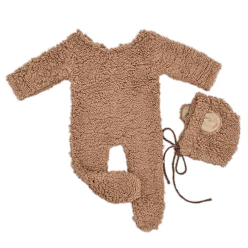 Shntig Foto-Requisiten für Neugeborene, Berber-Fleece-Kostüm, Bären-Ohr-Hut, Baby-Strampler, Fotoshooting-Kleidung, Fotostudio-Requisiten, 2 Stück von Shntig
