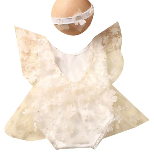 Shntig Foto-Requisiten für Neugeborene, Blumen-Stirnband, rückenfrei, Overall, Posierende Kleidung, Baby-Fotografieanzug, Prinzessinnenkleid, Kleinkind-Kostüm von Shntig
