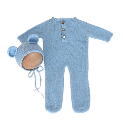 Shntig Foto-Requisiten für Neugeborene, Mohair-Bär-Kostüm, Motorhaubenmütze, Baby-Strampler, Fotoshooting-Kleidung, Fotostudio-Zubehör, 2 Stück von Shntig