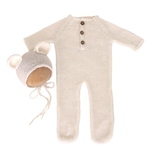 Shntig Foto-Requisiten für Neugeborene, Mohair-Bär-Kostüm, Motorhaubenmütze, Baby-Strampler, Fotoshooting-Kleidung, Fotostudio-Zubehör, 2 Stück von Shntig
