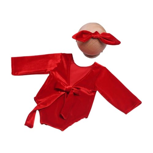 Shntig Foto-Requisiten für Neugeborene, Schleife, Stirnband, rückenfrei, roter Overall, posierende Kleidung, Baby-Fotografieanzug, Kleinkind-Weihnachtskostüm von Shntig