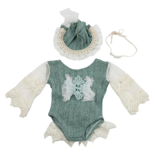 Shntig Neugeborene Foto Requisiten Stirnband/Hut & Spitze Overall Baby Fotografie Kleidung Kopfschmuck Langarm Strampler für Neugeborene von Shntig
