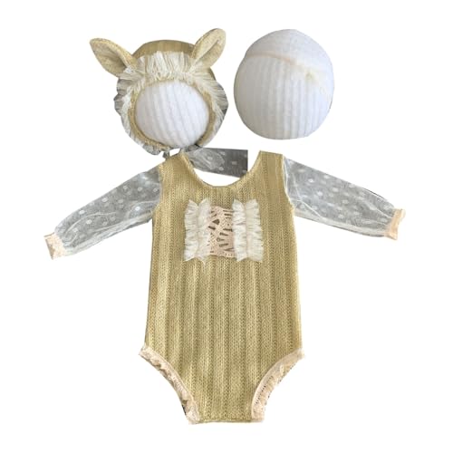 Shntig Neugeborene Foto Requisiten Stirnband/Hut & Spitze Overall Baby Fotografie Kleidung Kopfschmuck Langarm Strampler für Neugeborene von Shntig