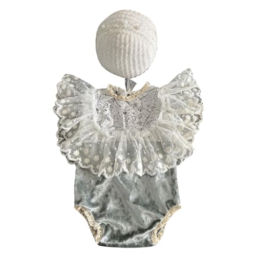 Shntig Neugeborene Foto Requisiten Stirnband/Hut & Spitze Overall Baby Fotografie Kleidung Kopfschmuck Langarm Strampler für Neugeborene von Shntig