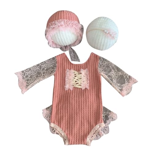 Shntig Neugeborene Foto Requisiten Stirnband/Hut & Spitze Overall Baby Fotografie Kleidung Kopfschmuck Langarm Strampler für Neugeborene von Shntig