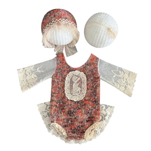 Shntig Neugeborene Foto Requisiten Stirnband/Hut & Spitze Overall Baby Fotografie Kleidung Kopfschmuck Langarm Strampler für Neugeborene von Shntig