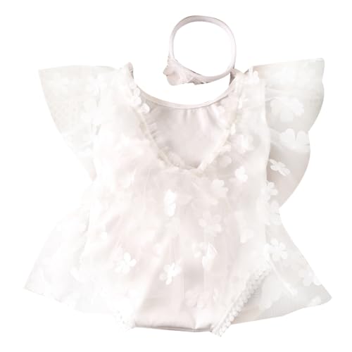 Shntig Niedlicher Foto-Strampler für Neugeborene, Baby-Mädchen, Foto-Spitzen-Strampler mit Stirnband, kleines Mädchenkleid mit Blumen-Stirnband von Shntig