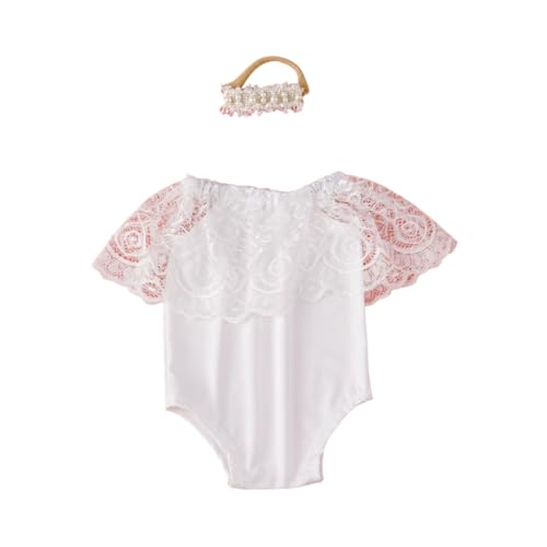 Shntig Strampler für Neugeborene, mit passendem Blumen-Perlenhaarband, Baby-Fotografie-Requisiten, Outfits und hübsches Stirnband, 2 Stück von Shntig