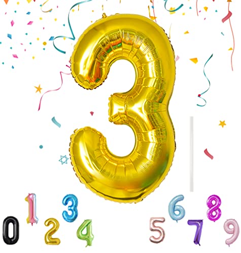Luftballon mit Strohhalm 100cm-40" XXL Riesen Folienballon für Geburtstagsdeko Jubiläum, Helium Zahlenballon für Deko zum Party, Wiederverwendbare Folienballons - Gold Zahlen 3 Luftballon von Shonye