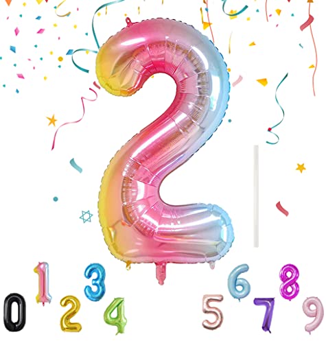 Luftballon mit Strohhalm 100cm-40" XXL Riesen Folienballon für Geburtstagsdeko Jubiläum, Helium Zahlenballon für Deko zum Party, Wiederverwendbare Folienballons - Gradient Zahlen 2 Luftballon von Shonye