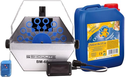 Showlite BM-60 Seifenblasen Set inkl. Seifenblasenfluid (kompakte Seifenblasen Maschine mit Funk-Fernbedienung und 2,5-Liter Seifenblasenfluid auf Wasserbasis) von Showlite