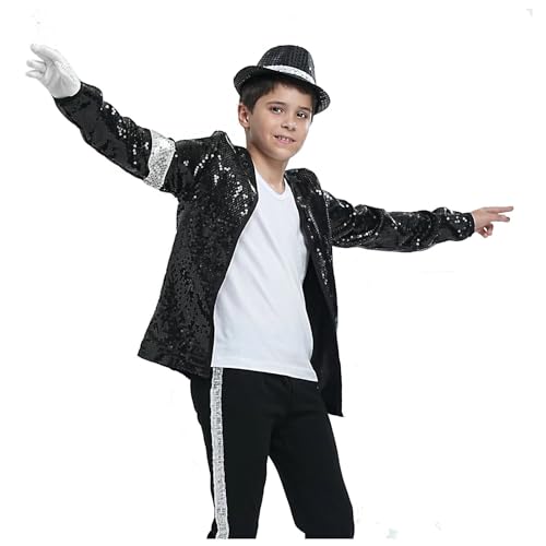 Shuanghao Kostüme Anzugjacken Jacket Top+Hat+Glove 3PS für Erwachsene Kinder Weihnachten Halloween Cosplay Puppe Partys Tänze Retro Punk Männer Frauen Mäntel Outfits Kleidung (Schwarz 155cm) von Shuanghao