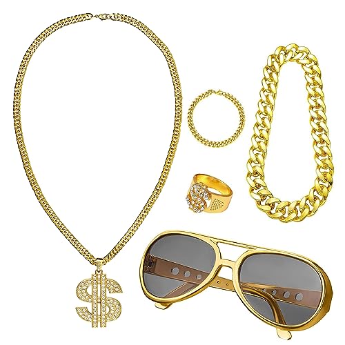 Shuangliao 5 Pcs 80er 90er Hip Hop Kostüme Outfit,5-teiliges Hip-Hop-Kostümset | Gefälschte Goldkette Armband Ring Sonnenbrille Halskette, 90er Jahre Thema Outfit von Shuangliao