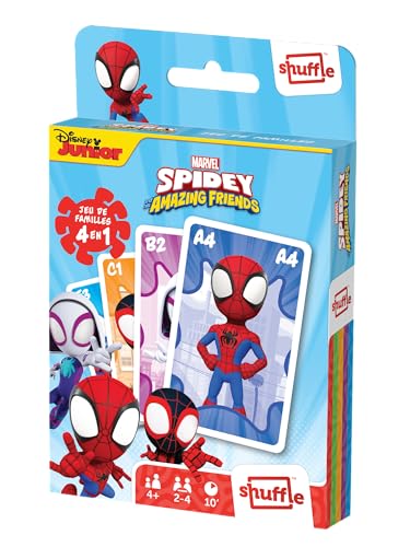 Shuffle Spidey und Seine außergewöhnlichen Freunde – 4 Spiele in 1 – 7 Familien, Paare, Action und Schlachten – Kartenspiel Kinder & Familie – ab 4 Jahren von Shuffle