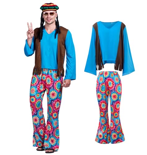70er Jahre Country Sänger Cosplay Hip-Hop Sänger Top und Vintage Schlaghose Set Paar Set für Herren Halloween Kostüm M von Shukqueen