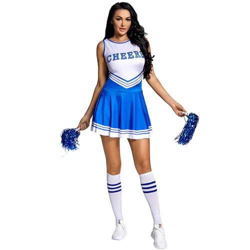 Cheerleading-Kostüm für Damen, Cheerleader-Kostüm, ärmellos, Cheerleader-Kleid mit Socken, Blau, Größe 140 von Shukqueen