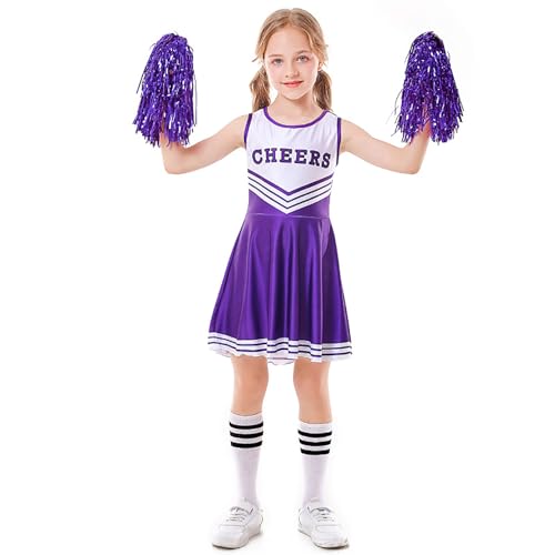 Cheerleading-Kostüm für Damen, Cheerleader-Kostüm, ärmellos, Cheerleader-Kleid mit Socken, Lila, Größe 150 von Shukqueen