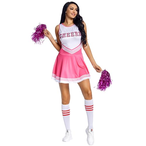 Cheerleading-Kostüm für Damen, Cheerleader-Kostüm, ärmellos, mit Socken, Rosa, Größe 150 Cheerleading-Kostüm für Damen, Cheerleader-Kostüm, ärmellos, mit Socken, Rosa, Größe 150 von Shukqueen