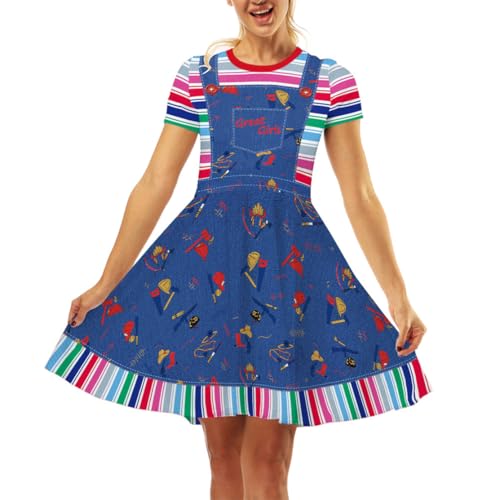 Damen-Kostüm, Halloween, Karneval, Geist-Chucky, Cosplay, Rundhalsausschnitt, kurzärmelig, Clown-Midirock, Streifen, Größe XXL von Shukqueen