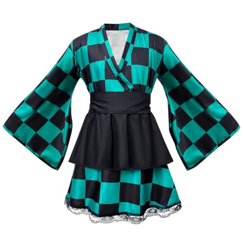 Japanisches Kimono-Kostüm für Damen, Anime-Tanjiro-Cosplay-Kostüme, kariertes Muster, Oberteil + Kleid + Gürtel, Set, Grün, Größe M Japanisches Kimono-Kostüm für Damen, Anime-Tanjiro-Cosplay-Kostüme, kariertes Muster, Oberteil + Kleid + Gürtel, Set, Grün, Größe M von Shukqueen