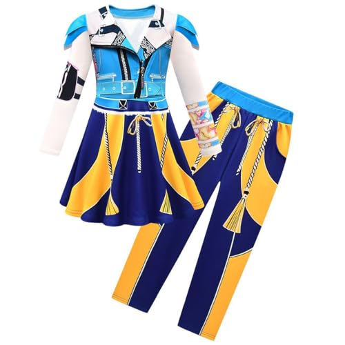 Shukqueen Dämonen-Jagdkleidung, Halloween-Kostüm, Zoe, blaues Kleid und Hose, 2-teiliges Set, 150–160 cm von Shukqueen