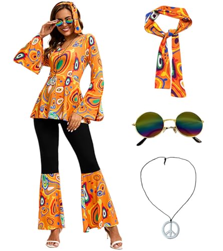 Shukqueen Damen Disco-Tanzbekleidung, Anzug, Stirnband, Oberteil, Hose, Halloween-Kostüm, Orange, Größe S Shukqueen Damen Disco-Tanzbekleidung, Anzug, Stirnband, Oberteil, Hose, Halloween-Kostüm, Orange, Größe S von Shukqueen
