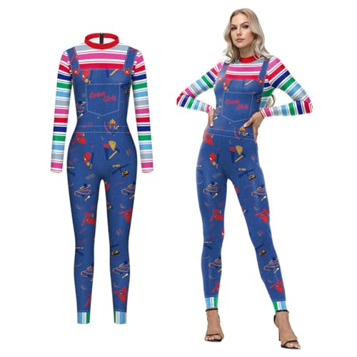 Shukqueen Damen-Jumpsuit Ghost Chucky, Cosplay, Halloween, Streifen, Blau, Cosplay-Kostüm, Bodysuit, Größe S Shukqueen Damen-Jumpsuit Ghost Chucky, Cosplay, Halloween, Streifen, Blau, Cosplay-Kostüm, Bodysuit, Größe S von Shukqueen