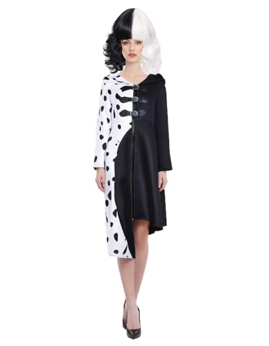 Shukqueen Damen Schwarz-Weißes Hexen-Cosplay-Kleid, langärmeliges Kleid mit Perücke, 101 gepunkteter Hund, Halloween-Kostüm, Größe XL von Shukqueen