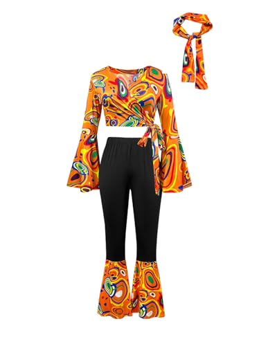 Shukqueen Damen Vintage Disco Bühnenauftrittskostüm Orange bedrucktes Oberteil + Hose + Haarband Set XXL Shukqueen Damen Vintage Disco Bühnenauftrittskostüm Orange bedrucktes Oberteil + Hose + Haarband Set XXL von Shukqueen