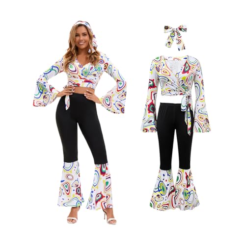 Shukqueen Damen Vintage Disco Bühnenauftrittskostüm weiß bedrucktes Oberteil + Hose + Haarband Set L Shukqueen Damen Vintage Disco Bühnenauftrittskostüm weiß bedrucktes Oberteil + Hose + Haarband Set L von Shukqueen