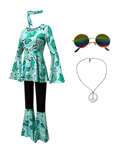Shukqueen Disco-Tanzkleidung, für Damen, mehrfarbiger Druck, Stirnband, Oberteil, Hose, Halloween-Kostüm, Hellgrün, Größe XL Shukqueen Disco-Tanzkleidung, für Damen, mehrfarbiger Druck, Stirnband, Oberteil, Hose, Halloween-Kostüm, Hellgrün, Größe XL von Shukqueen